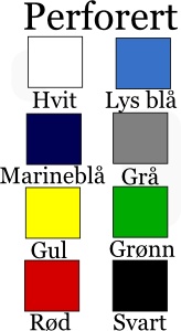 Farger perforert: Hvit, rød, lys blå, marineblå, grå, gul, grønn og svart