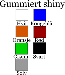 Farger gummiert: Hvit, kongebl, oransje, rd, grnn, svart og slv