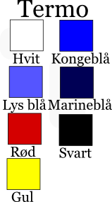 Farger termo: Hvit, kongebl, lys bl, marinebl, rd, svart og gul